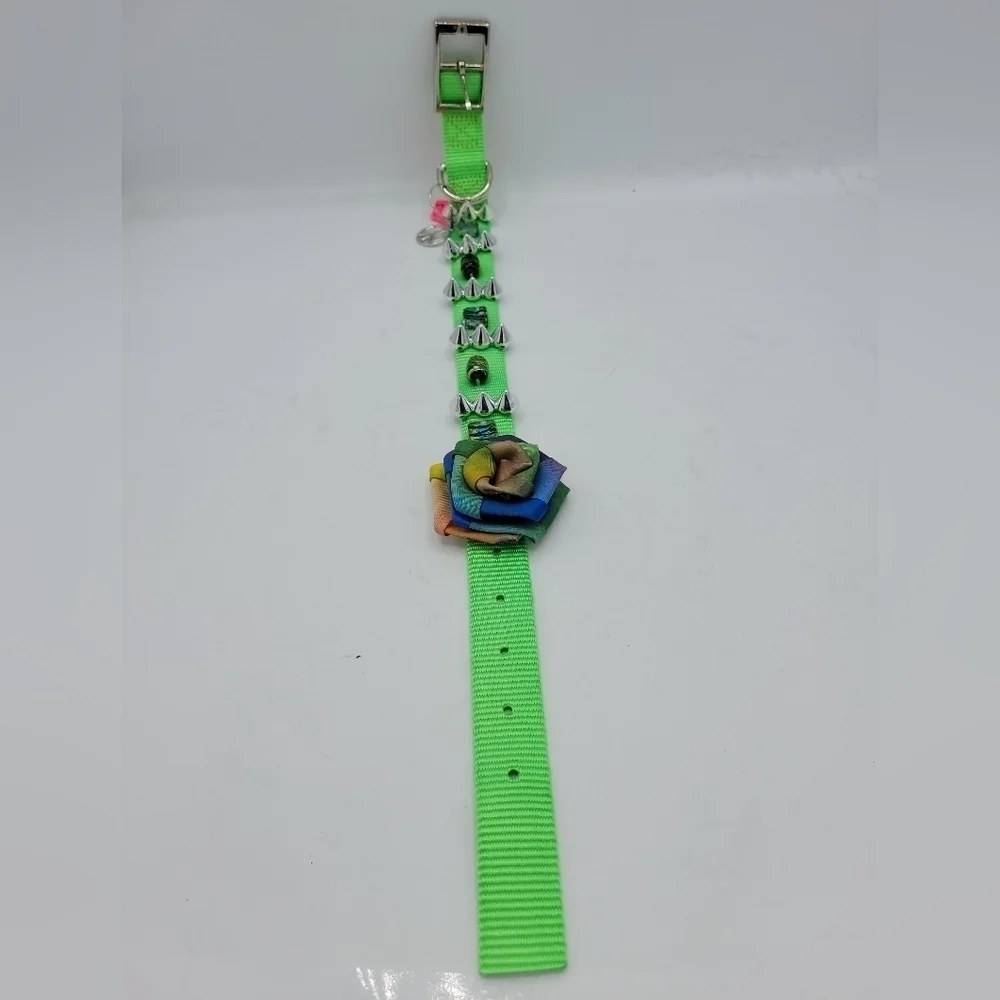 Dog Collar PSYCHEDELIC Neon Green Flower Bow Gems And Stones